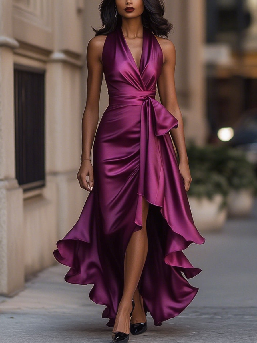 CLAUDIA | Vestido largo de satén halter con volantes
