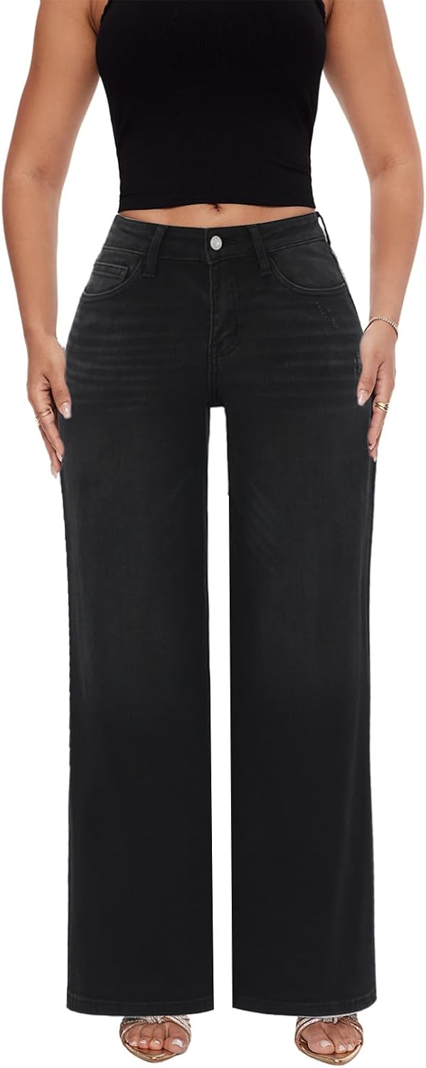 ONESO - Jeans de tiro medio-bajo holgados de pierna ancha para mujer