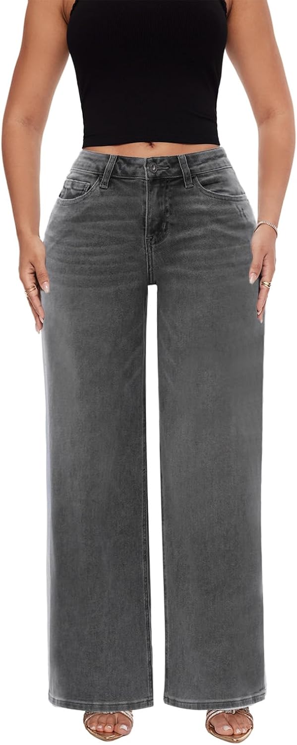 ONESO - Jeans de tiro medio-bajo holgados de pierna ancha para mujer