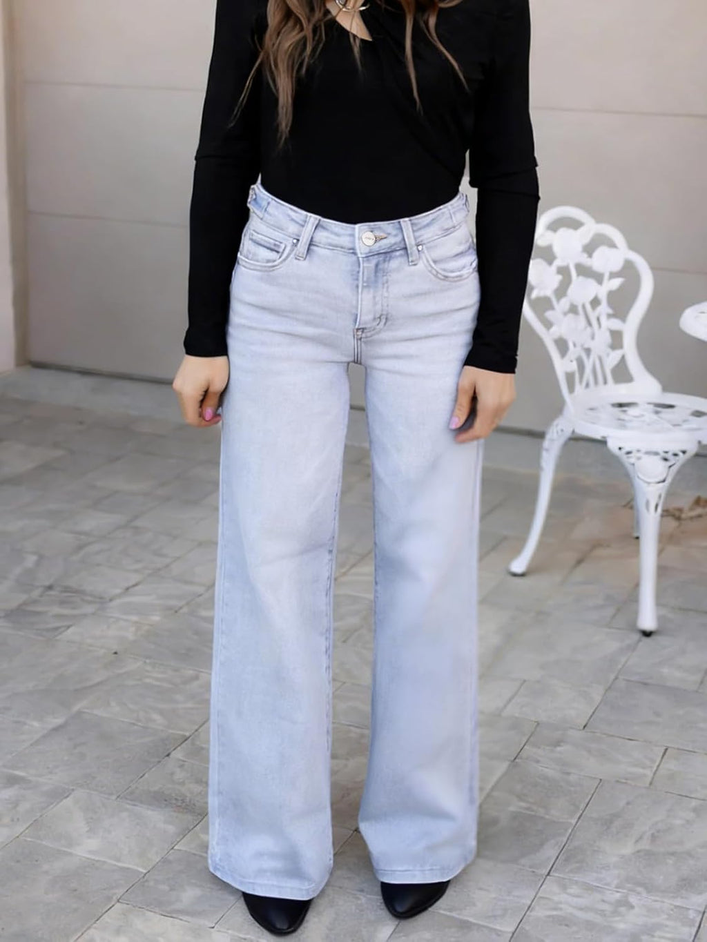 ONESO - Jeans de tiro medio-bajo holgados de pierna ancha para mujer