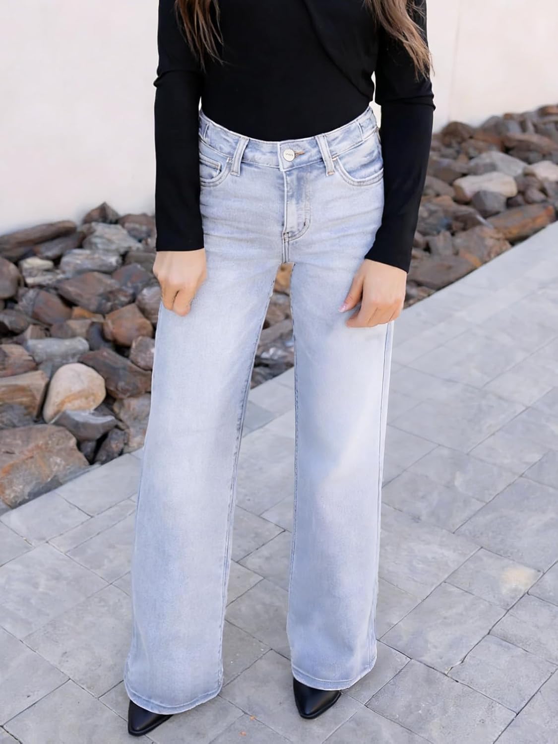 ONESO - Jeans de tiro medio-bajo holgados de pierna ancha para mujer