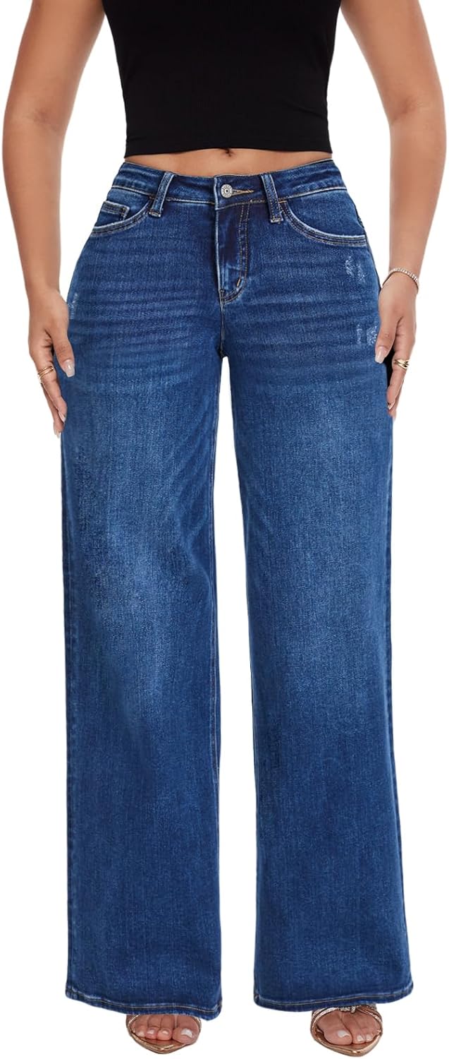 ONESO - Jeans de tiro medio-bajo holgados de pierna ancha para mujer