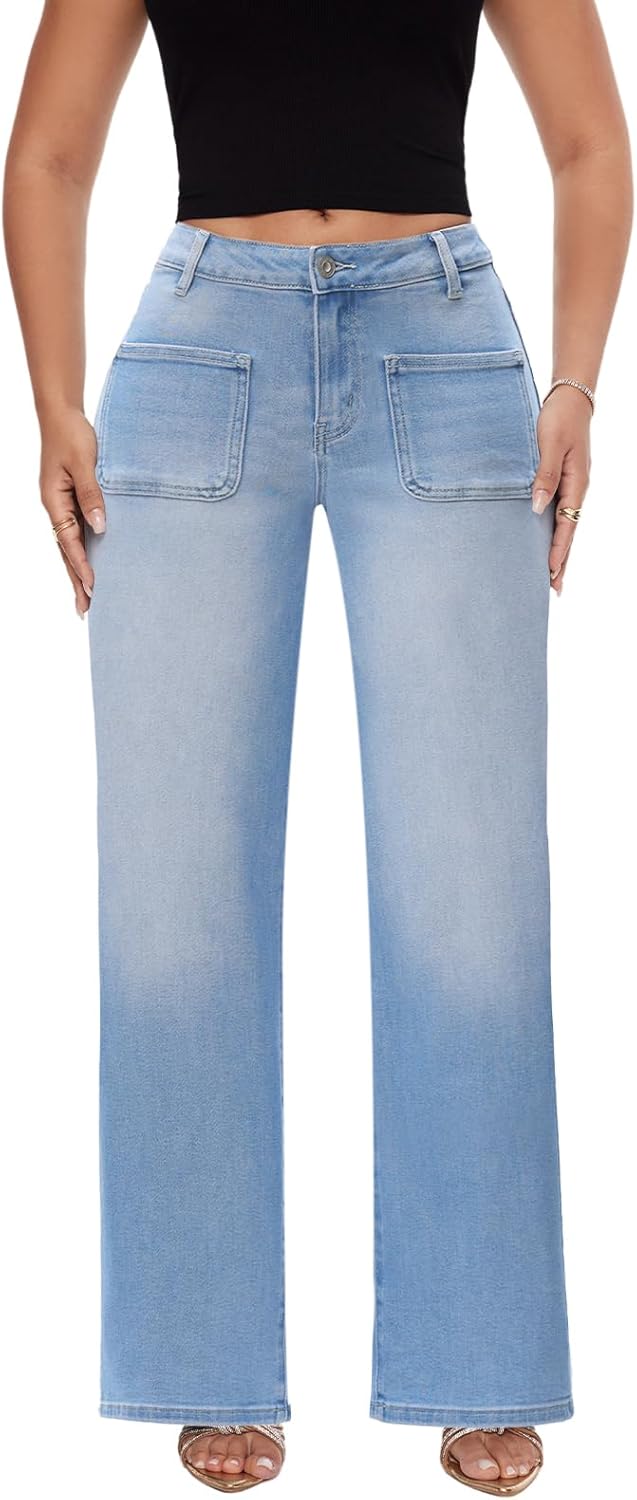 ONESO - Jeans de tiro medio-bajo holgados de pierna ancha para mujer