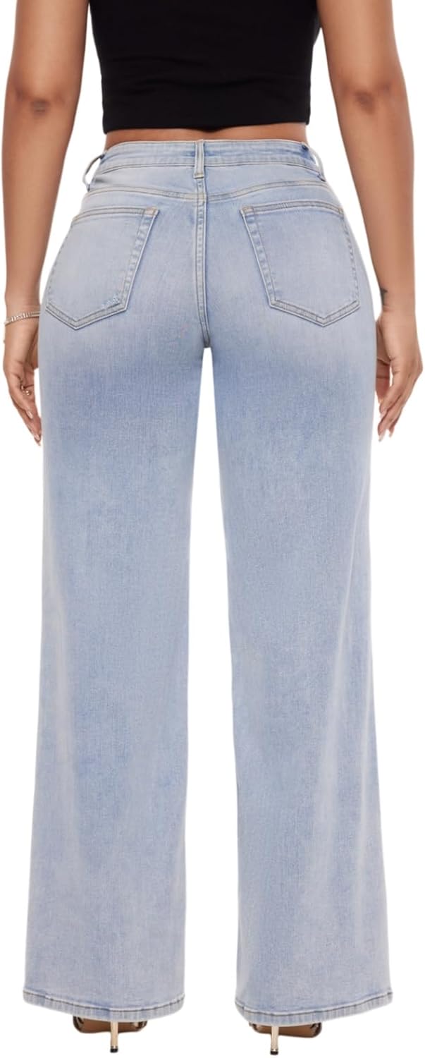 ONESO - Jeans de tiro medio-bajo holgados de pierna ancha para mujer