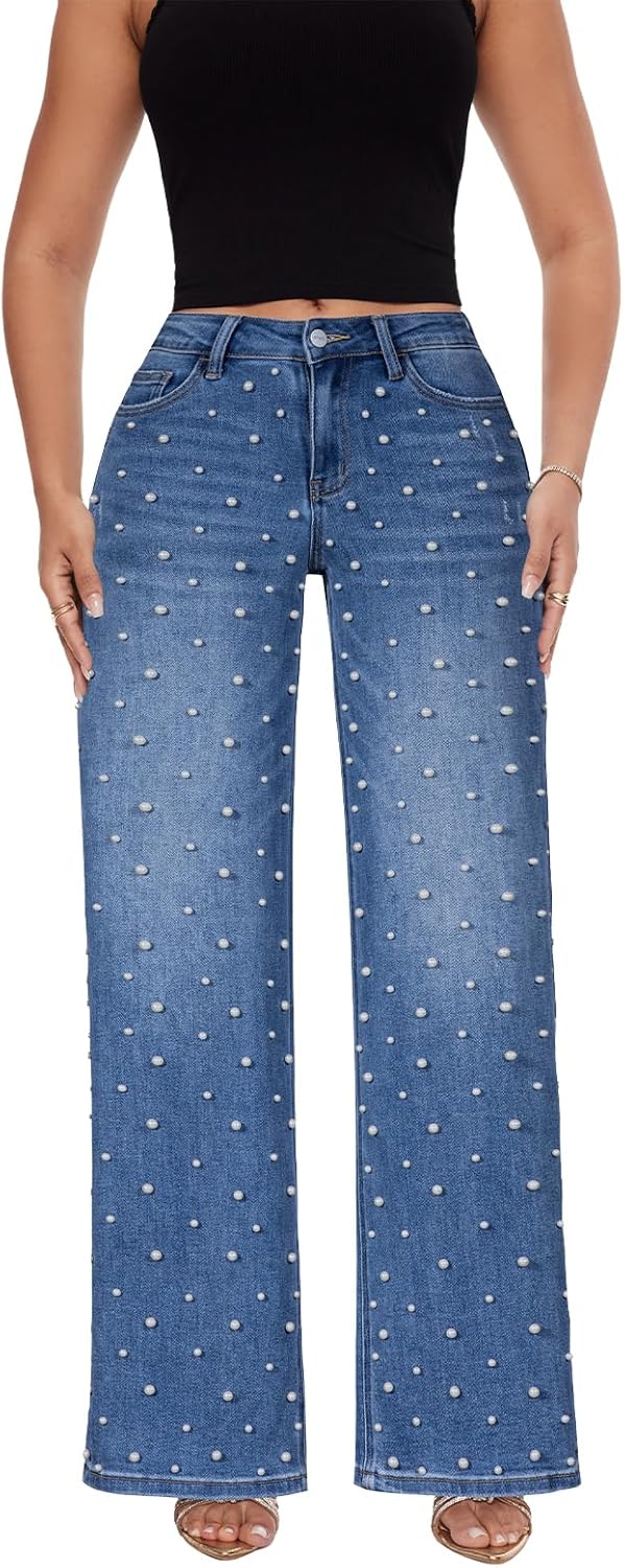 ONESO - Jeans de tiro medio-bajo holgados de pierna ancha para mujer