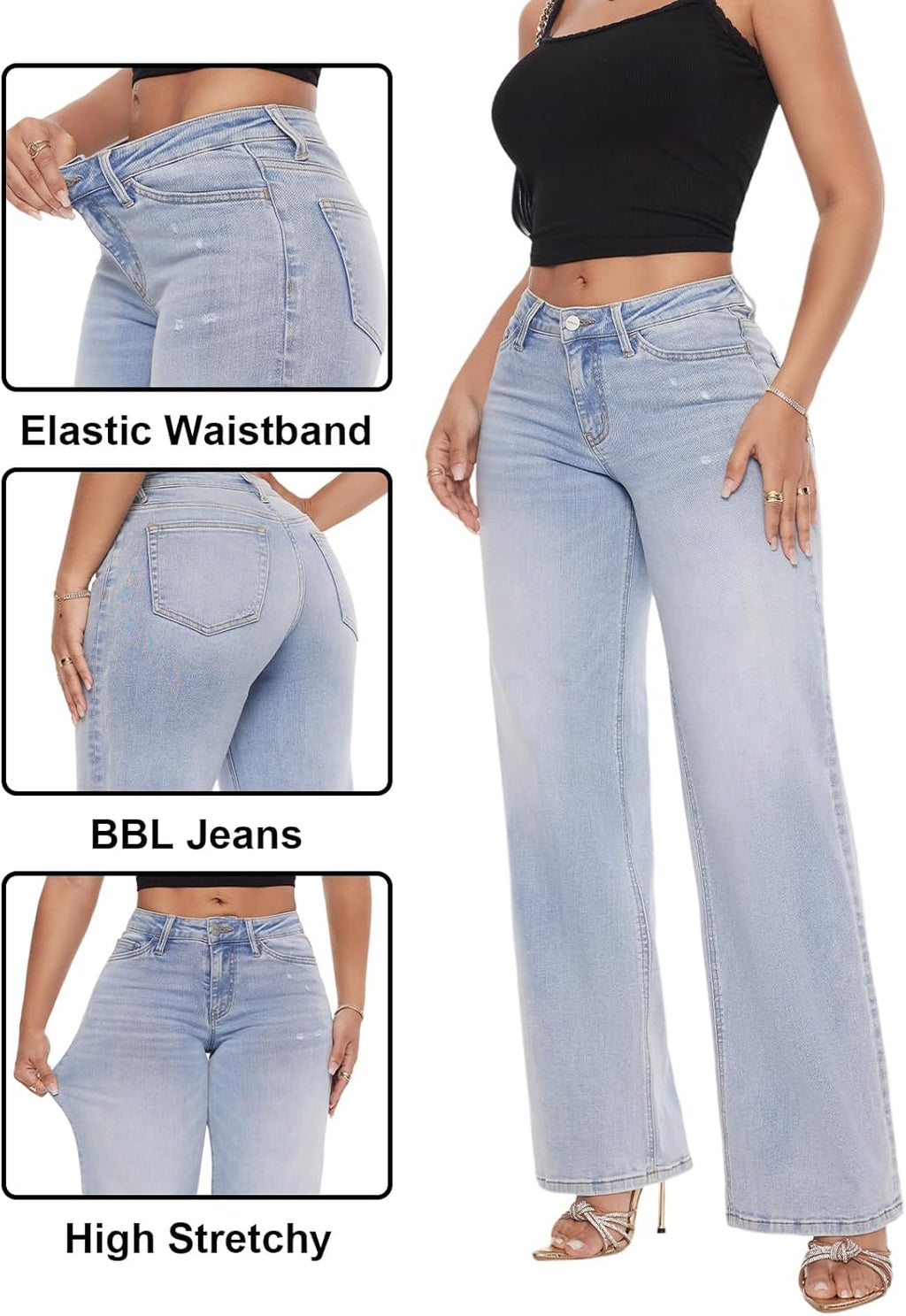 ONESO - Jeans de tiro medio-bajo holgados de pierna ancha para mujer