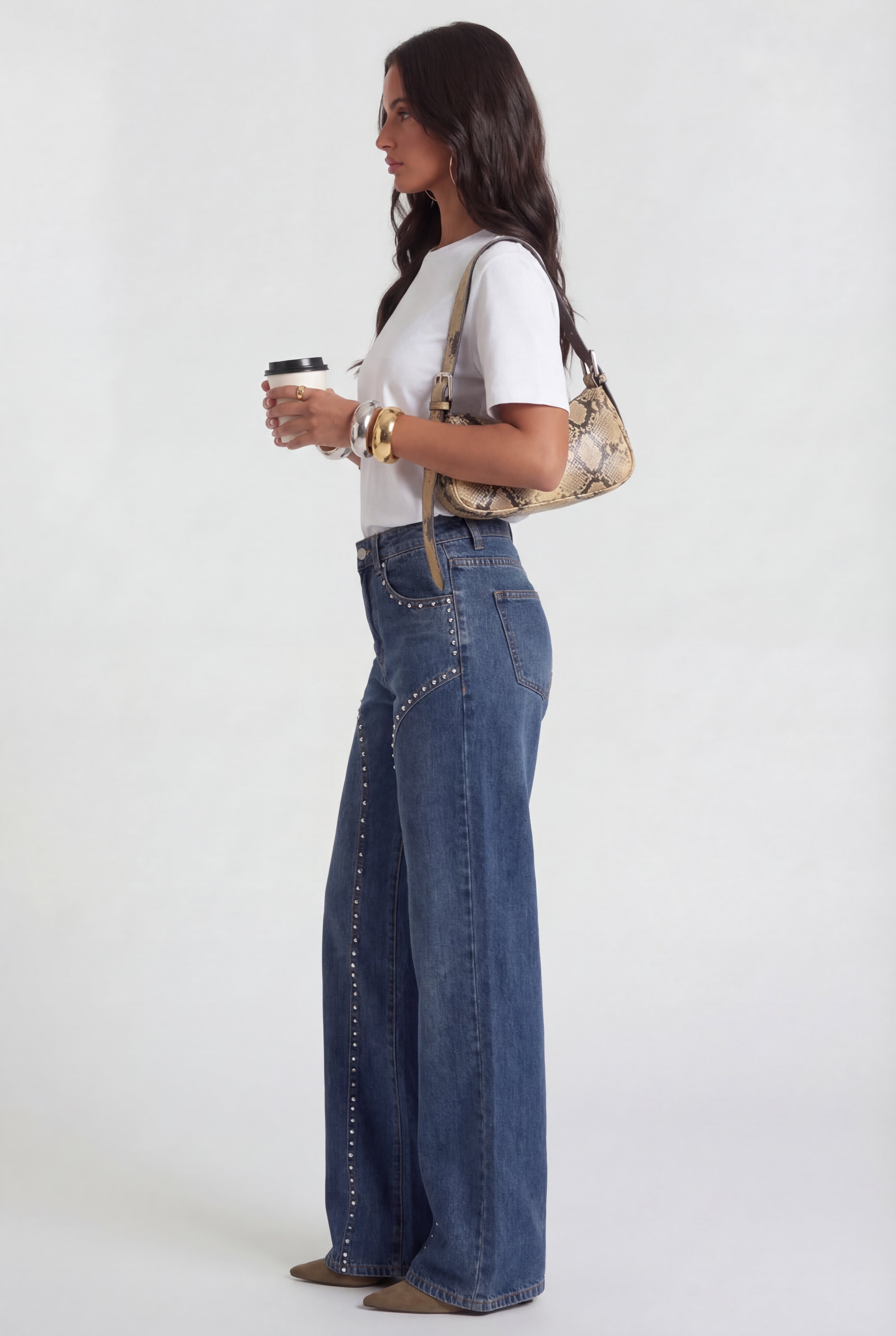 Wide Leg Denim Jeans Studded Details
