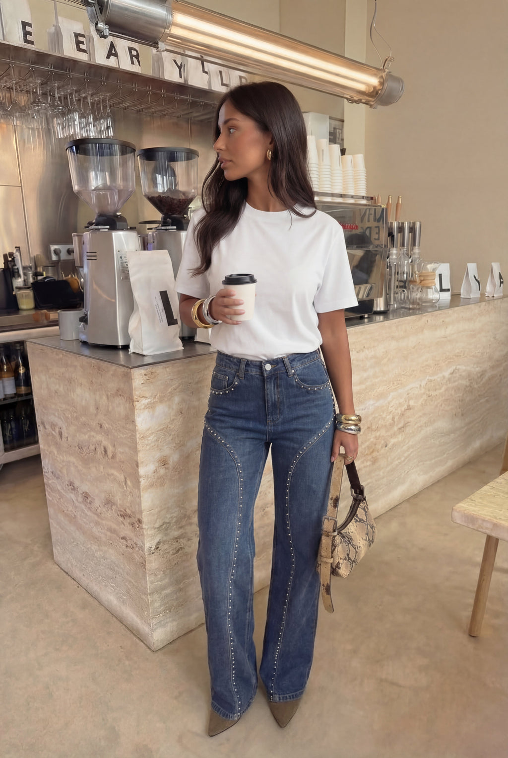 Wide Leg Denim Jeans Studded Details